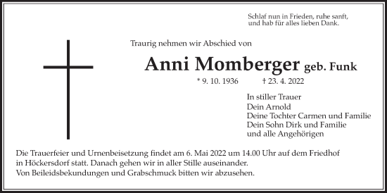 Traueranzeige von Anni Momberger von Giessener Allgemeine, Alsfelder Allgemeine