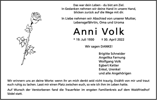 Traueranzeige von Anni Volk von Wetterauer Zeitung