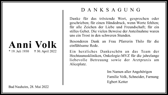 Traueranzeige von Anni Volk von Wetterauer Zeitung
