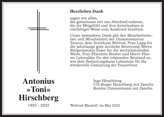 Traueranzeige von Antonius Hirschberg von Usinger Anzeiger