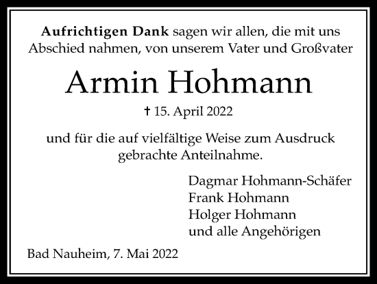 Traueranzeige von Armin Hohmann von Wetterauer Zeitung