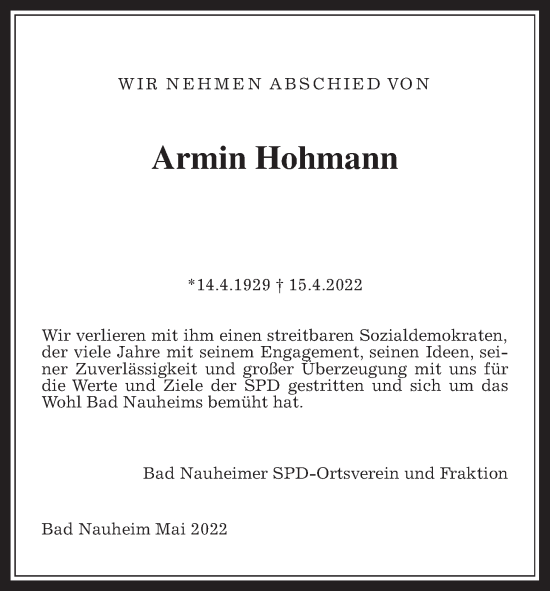 Traueranzeige von Armin Hohmann von Wetterauer Zeitung