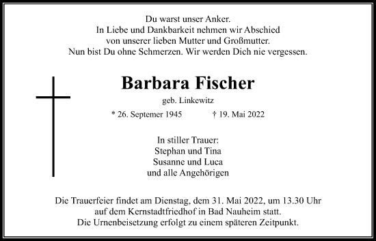 Traueranzeige von Barbara Fischer von Wetterauer Zeitung