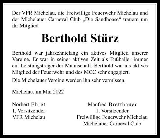 Traueranzeige von Berthold Stürz von Kreis-Anzeiger
