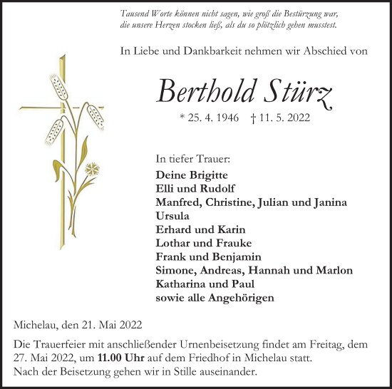 Traueranzeige von Berthold Stürz von Kreis-Anzeiger