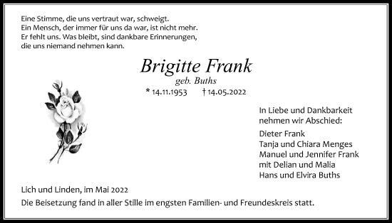Traueranzeige von Brigitte Frank von Giessener Allgemeine, Alsfelder Allgemeine
