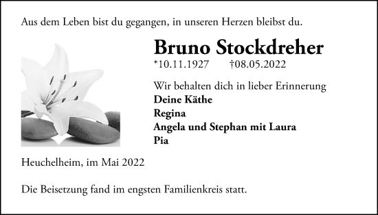 Traueranzeige von Bruno Stockdreher von Giessener Anzeiger