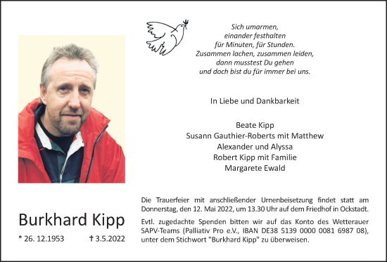 Traueranzeige von Burkhard Kipp von Wetterauer Zeitung