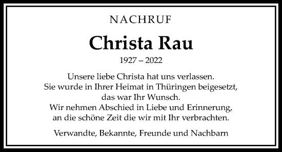 Traueranzeige von Christa Rau von Bad Vilbel/Karben