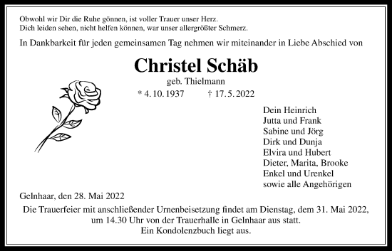 Traueranzeige von Christel Schäb von Kreis-Anzeiger