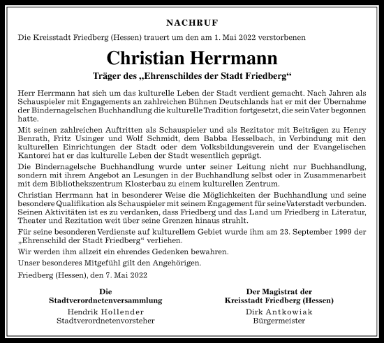 Traueranzeige von Christian Herrmann von Wetterauer Zeitung