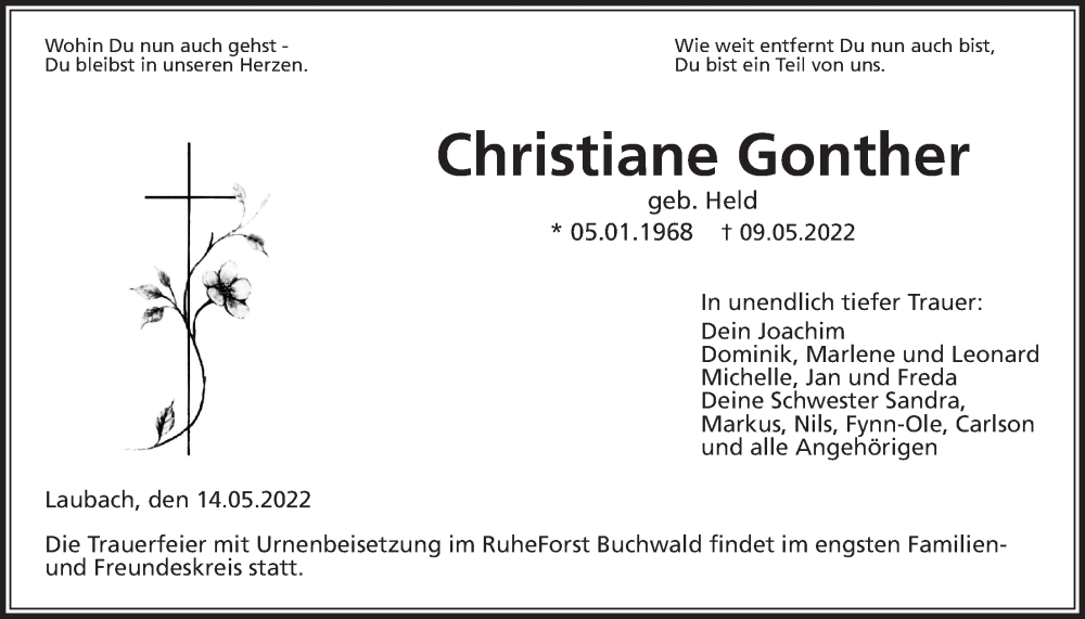  Traueranzeige für Christiane Gonther vom 14.05.2022 aus Giessener Allgemeine, Alsfelder Allgemeine
