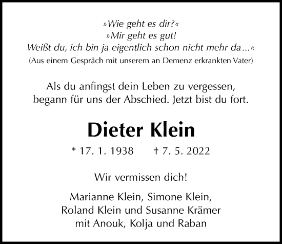 Traueranzeige von Dieter Klein von Giessener Anzeiger, Giessener Allgemeine, Alsfelder Allgemeine