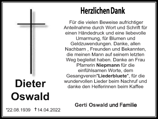 Traueranzeige von Dieter Oswald von Pohlheimer Nachrichten