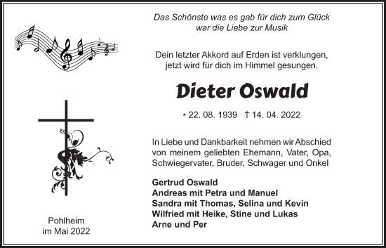 Traueranzeige von Dieter Oswald von Giessener Anzeiger