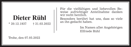 Traueranzeige von Dieter Rühl von Giessener Allgemeine, Alsfelder Allgemeine, Giessener Anzeiger
