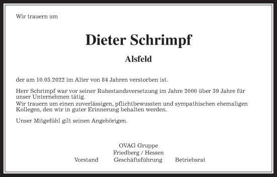 Traueranzeige von Dieter Schrimpf von Alsfelder Allgemeine