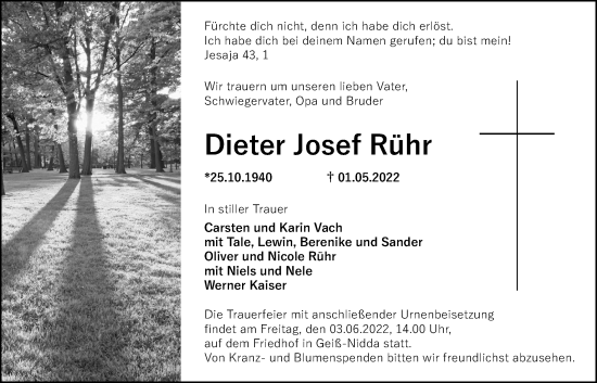 Traueranzeige von Dieter Josef Rühr von Kreis-Anzeiger