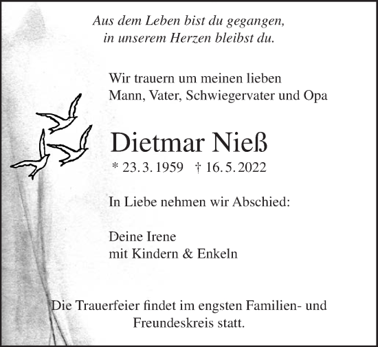 Traueranzeige von Dietmar Nieß von Giessener Allgemeine, Alsfelder Allgemeine