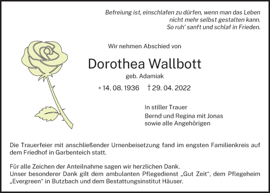Traueranzeige von Dorothea Wallbott von Giessener Allgemeine, Alsfelder Allgemeine