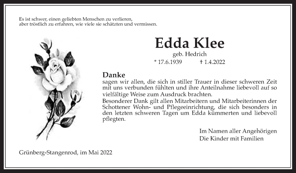  Traueranzeige für Edda Klee vom 27.05.2022 aus Heimatzeitung Grünberg + Laubach