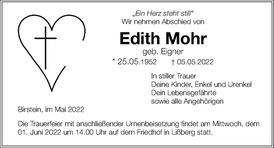 Traueranzeige von Edith Mohr von Kreis-Anzeiger