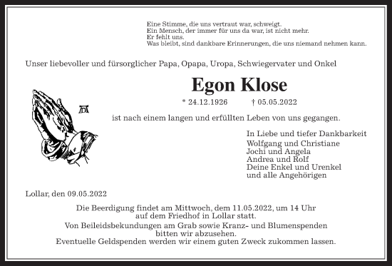 Traueranzeige von Egon Klose von Giessener Allgemeine, Alsfelder Allgemeine, Giessener Anzeiger