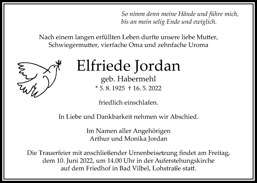  Traueranzeige für Elfriede Jordan vom 27.05.2022 aus Bad Vilbel/Karben