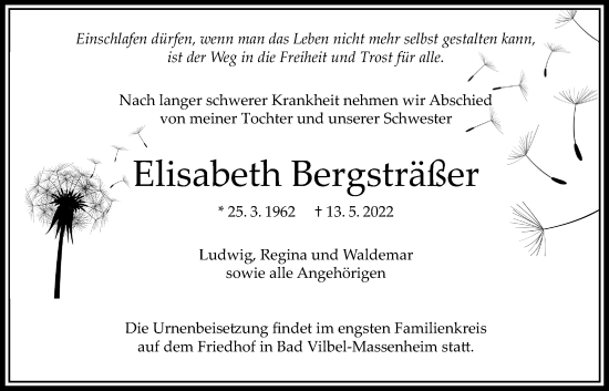 Traueranzeige von Elisabeth Bergsträßer von Bad Vilbel/Karben