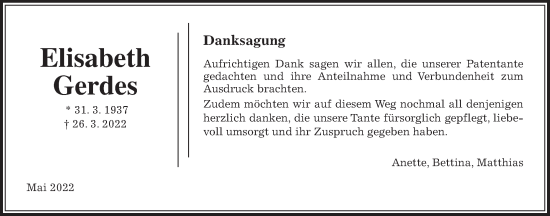 Traueranzeige von Elisabeth Gerdes von Giessener Anzeiger, Giessener Allgemeine, Alsfelder Allgemeine