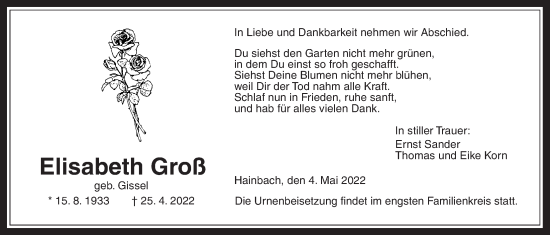Traueranzeige von Elisabeth Groß von Alsfelder Allgemeine