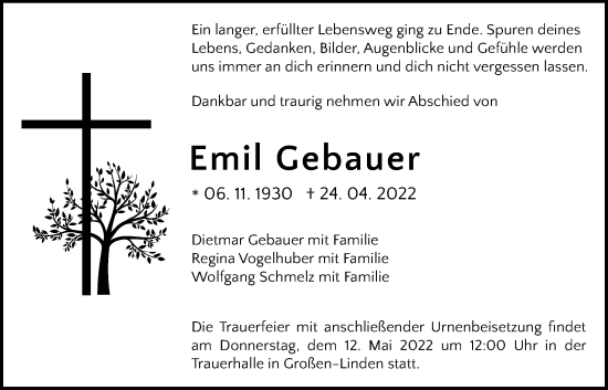 Traueranzeige von Emil Gebauer von Giessener Anzeiger, Giessener Allgemeine, Alsfelder Allgemeine