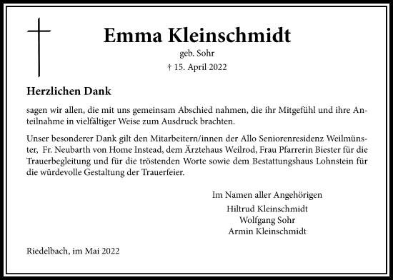 Traueranzeige von Emma Kleinschmidt von Usinger Anzeiger