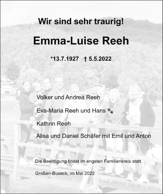 Traueranzeige von Emma-Luise Reeh von Giessener Anzeiger, Giessener Allgemeine, Alsfelder Allgemeine