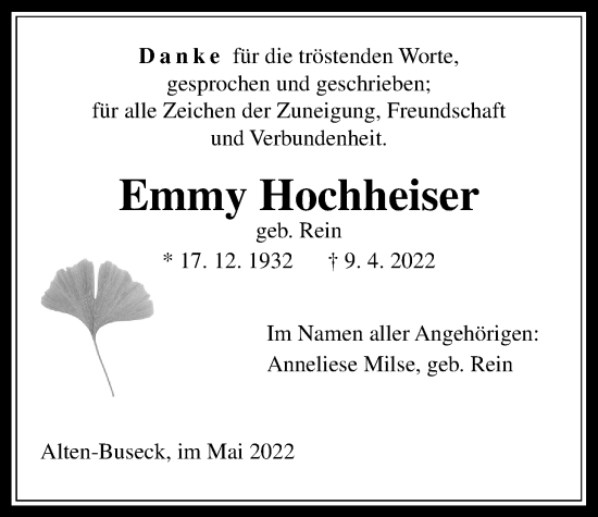 Traueranzeige von Emmy Hochheiser von Giessener Anzeiger, Giessener Allgemeine, Alsfelder Allgemeine