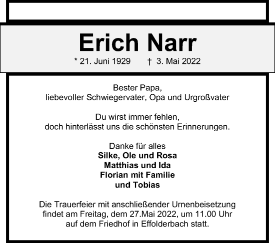 Traueranzeige von Erich Narr von Kreis-Anzeiger