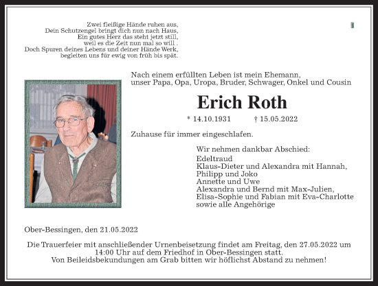 Traueranzeige von Erich Roth von Giessener Allgemeine, Alsfelder Allgemeine, Giessener Anzeiger