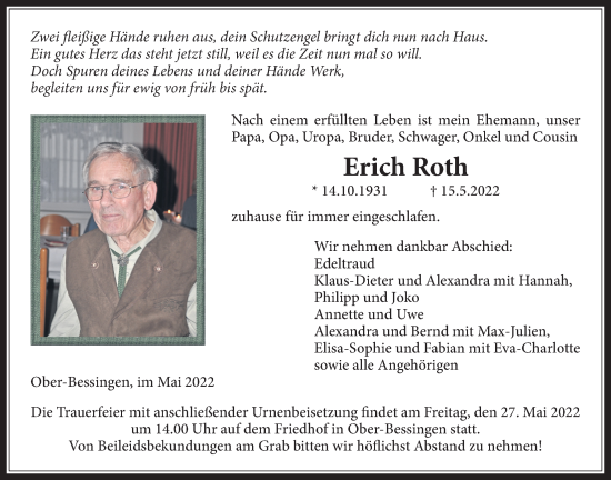 Traueranzeige von Erich Roth von Licher Wochenblatt