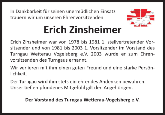 Traueranzeige von Erich Zinsheimer von Kreis-Anzeiger