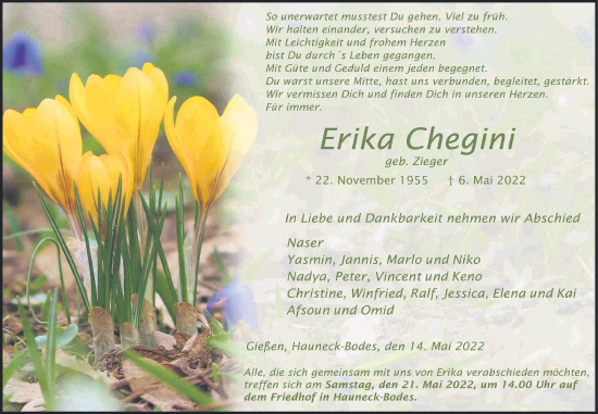 Traueranzeige von Erika Chegini von Giessener Allgemeine, Alsfelder Allgemeine