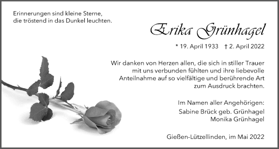Traueranzeige von Erika Grünhagel von Giessener Anzeiger, Giessener Allgemeine, Alsfelder Allgemeine