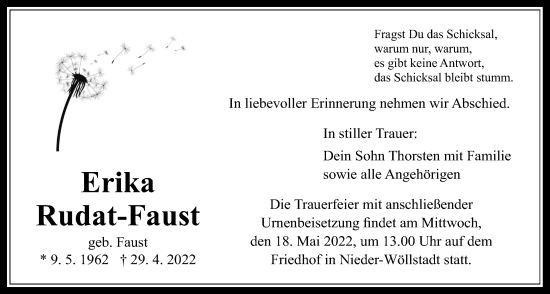 Traueranzeige von Erika Rudat-Faust von Wetterauer Zeitung