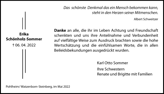 Traueranzeige von Erika Schönholz-Sommer von Pohlheimer Nachrichten