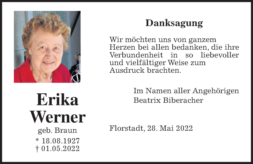  Traueranzeige für Erika Werner vom 28.05.2022 aus Wetterauer Zeitung