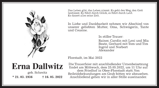 Traueranzeige von Erna Dallwitz von Wetterauer Zeitung