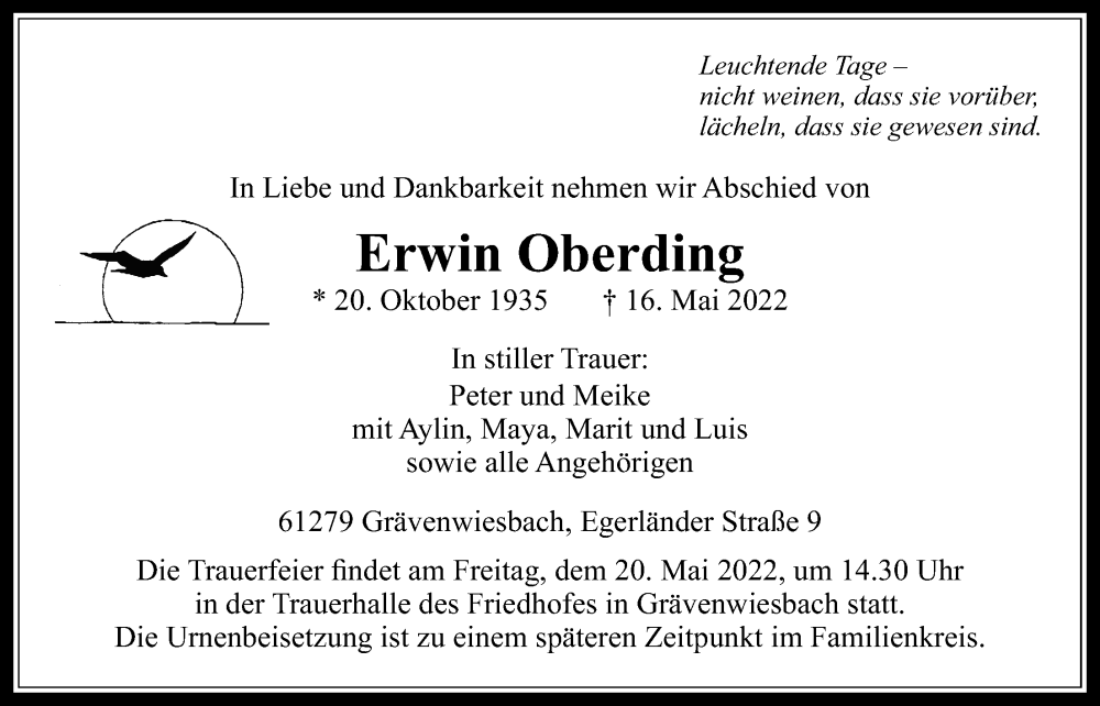 Anzeige von  Erwin Oberding