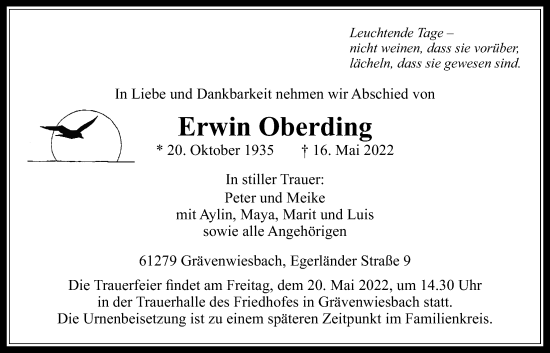 Traueranzeige von Erwin Oberding von Usinger Anzeiger