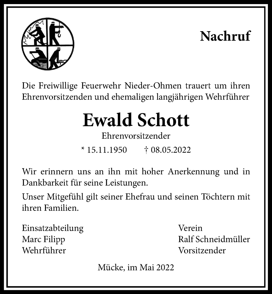  Traueranzeige für Ewald Schott vom 19.05.2022 aus Mücker Stimme, Alsfelder Allgemeine