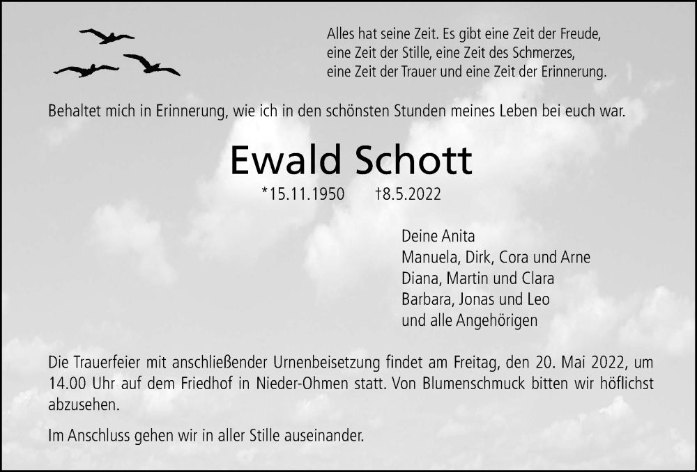  Traueranzeige für Ewald Schott vom 14.05.2022 aus Alsfelder Allgemeine