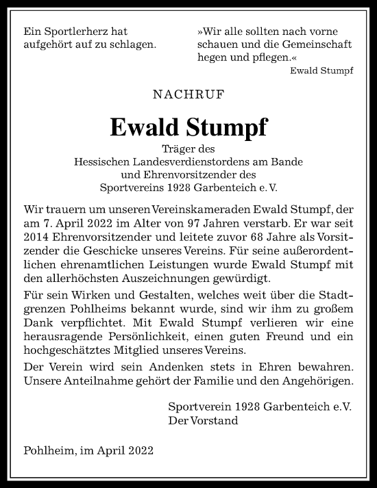 Traueranzeige von Ewald Stumpf von Pohlheimer Nachrichten